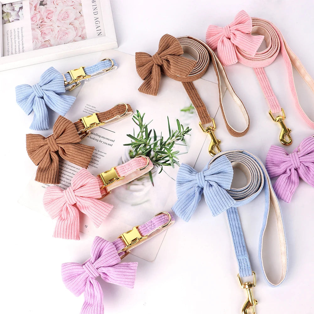Cute Pink Dog Collar Leash Set With Bowtie Adjustable