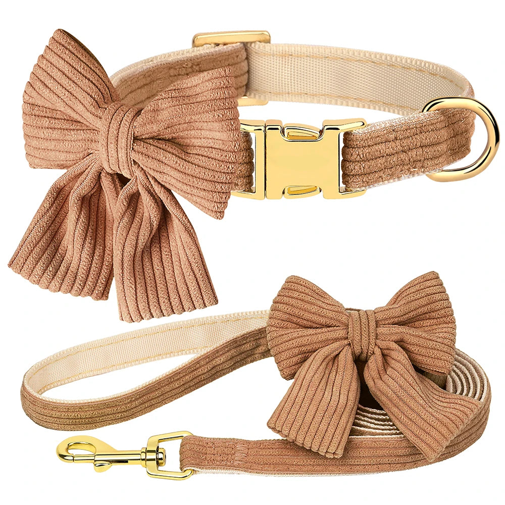 Cute Pink Dog Collar Leash Set With Bowtie Adjustable